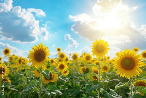 Field of blooming sunflowers against a blue sky.