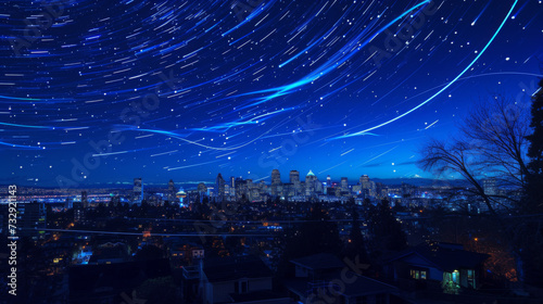 Blue line movement in the night sky of city.