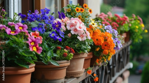 Colorful flowers growing in pots on the balcony. © kardaska