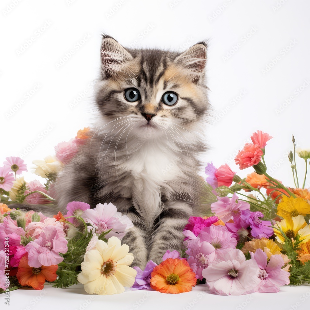 Cute siberian kitten with flowers on a white background.