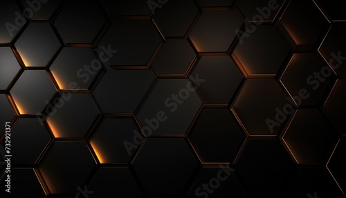 Luxury hexagonal abstract black metal background with golden light lines. Dark 3d geometric texture illustration. Bright grid pattern. Pure black horizontal banner wallpaper. Carbon elegant wedding