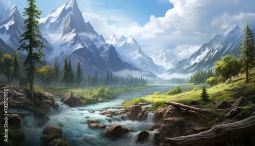 Fantastic mountain landscape with river and snow-capped peaks © msroster