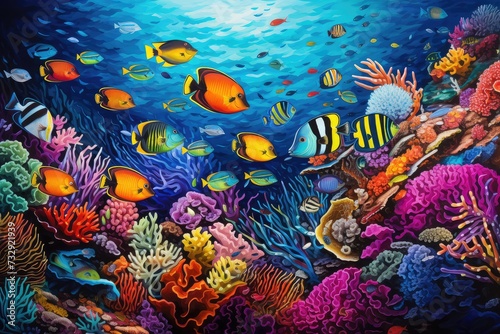 Underwater scene with coral reef and tropical fishes. Vector illustration. © msroster