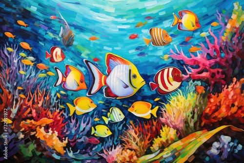 Underwater scene with coral reef and tropical fishes. Vector illustration. © msroster
