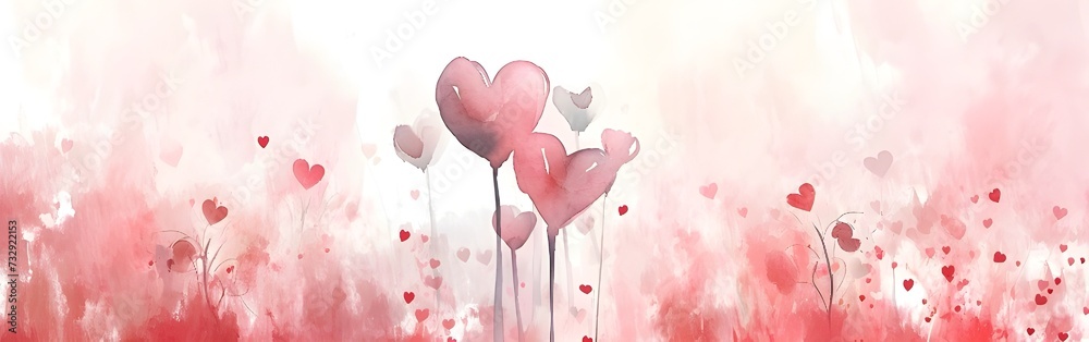 Valentine's Day heart background. Panoramic web header with copy space. Wide screen wallpaperwatercolor style.