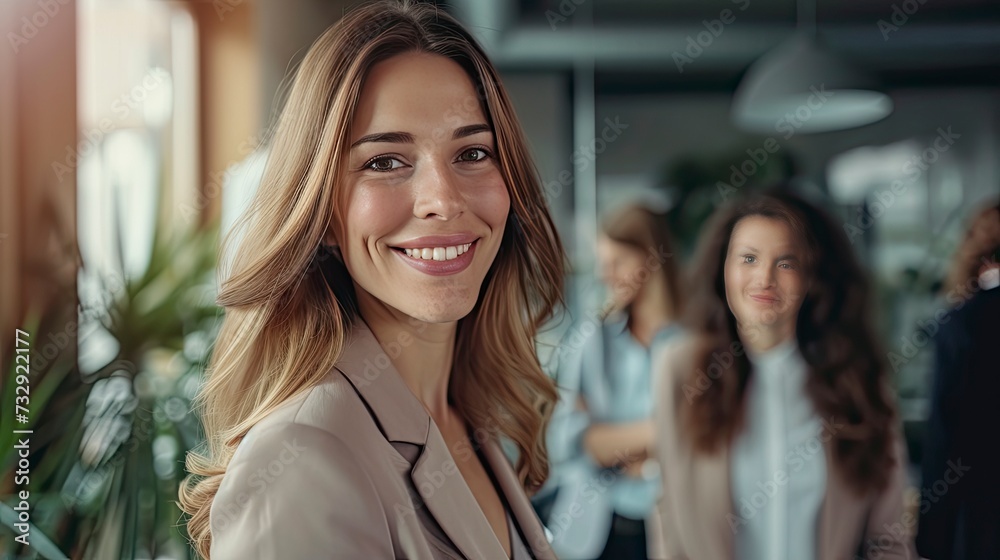 Smiling confident business leader looking at camera and standing in an office at team meeting. Portrait of confident businesswoman, Using digital tablet during a meeting - generative ai Smiling confident business leader looking at camera and standing in an office at team meeting. Portrait of confident businesswoman, Using digital tablet during a meeting - generative ai