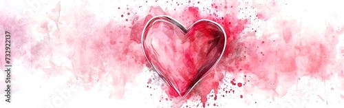 Valentine's Day heart background. Panoramic web header with copy space. Wide screen wallpaperwatercolor style. photo