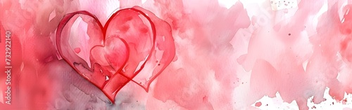 Valentine's Day heart background. Panoramic web header with copy space. Wide screen wallpaperwatercolor style. photo