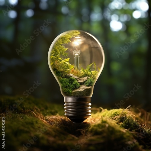 Incandescent light bulb inserted into the ground, inside the light bulb there is moss and insects. Planet Earth Day. Saving the planet's resources for a low-carbon future.