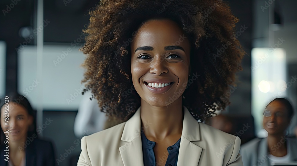 Smiling confident business leader looking at camera and standing in an office at team meeting. Portrait of confident businesswoman, Using digital tablet during a meeting - generative ai Smiling confident business leader looking at camera and standing in an office at team meeting. Portrait of confident businesswoman, Using digital tablet during a meeting - generative ai
