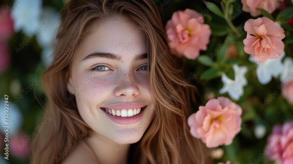 Smiling woman with bright teeth and blushing cheeks posing with pink flower backdrop. Smiling woman with bright teeth and blushing cheeks posing with pink flower backdrop.