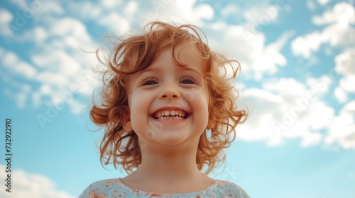 a child with blushing teeth innocent smile gainst soft clouds and blue sky photo