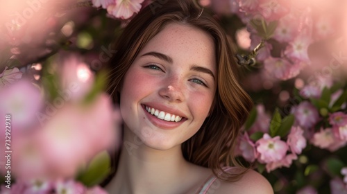 a woman teeth model show blushing bright teeth smile against pink flower backdrop