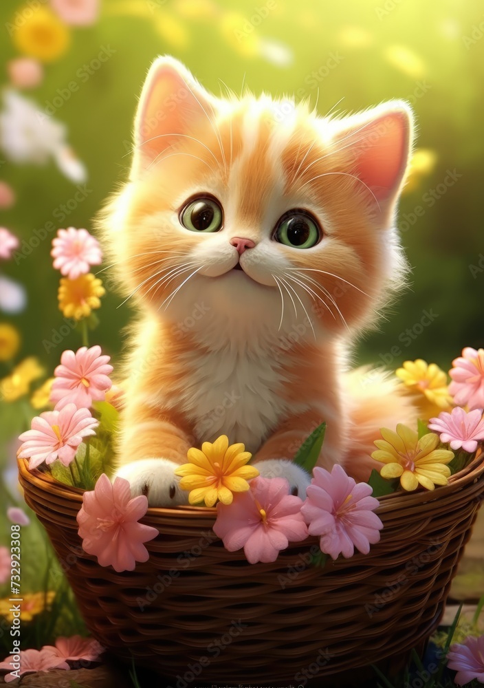 Cute fluffy blue kitten in a wicker basket with flowers. Cute fluffy blue kitten in a wicker basket with flowers.