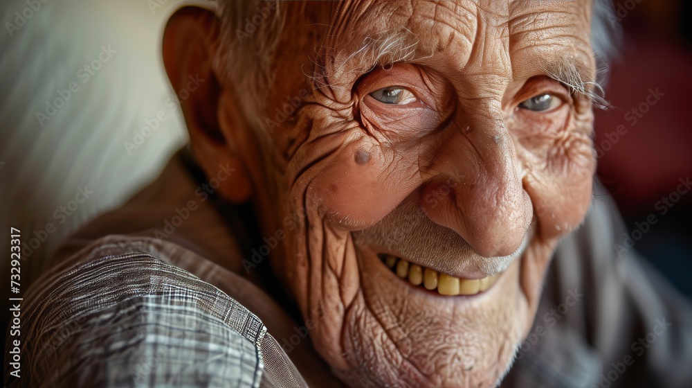 close up of old man smiling with yellow teeth Dental Care beauty of aging - obrazy, fototapety, plakaty 