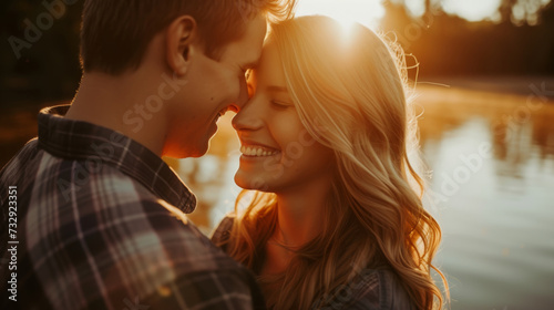 a couple smile with bright teeth in lakeside sunset background