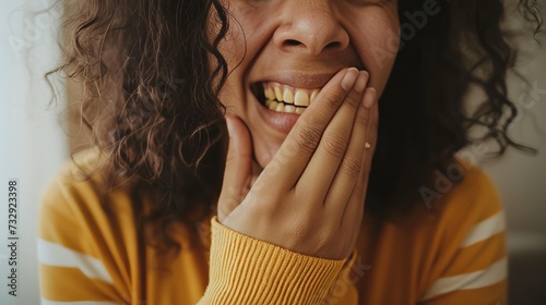 Woman Avoiding Public Smiles Dental Care a yellow teeth woman