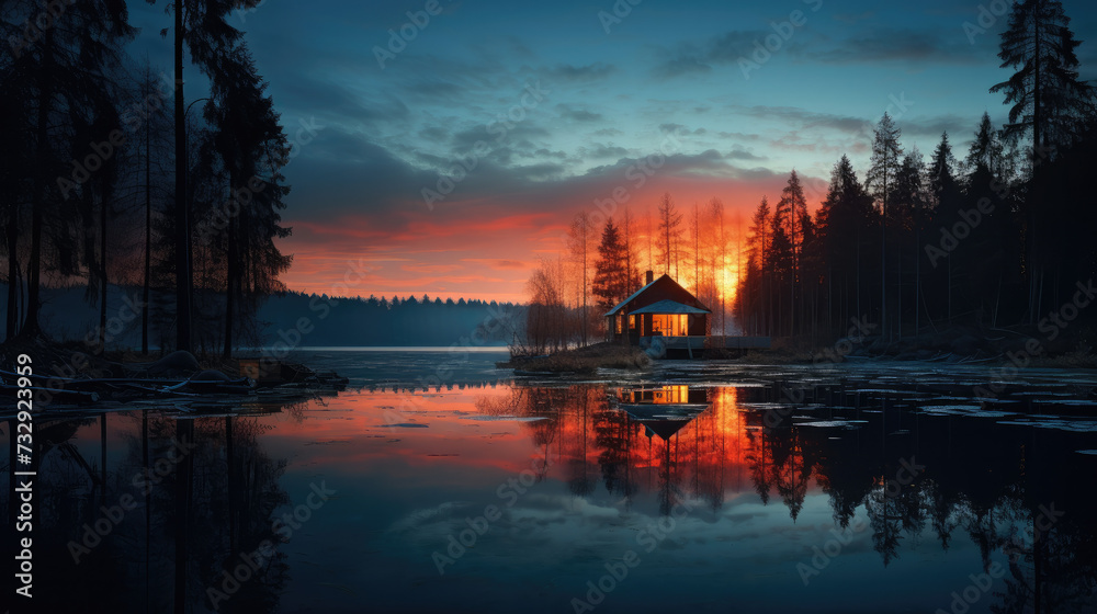 Nighttime Serenity: House in the Woods with Calm Lake and Fading Sun
