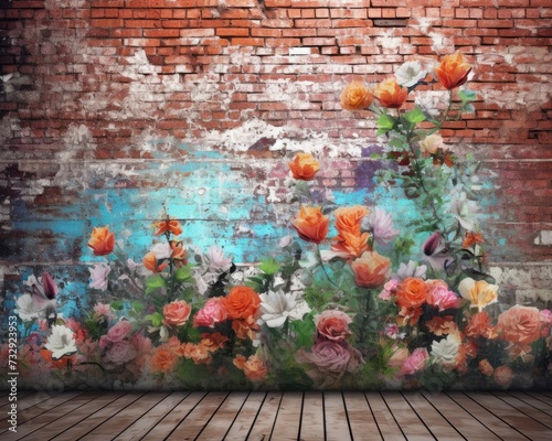  Floral Elegance: Wooden Floor and Brick Wall Floral Photo Backdrop 
