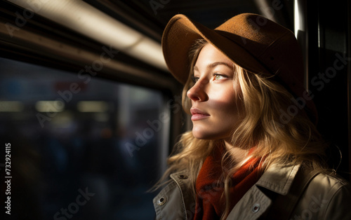 Young woman in brown cap in the train trip looking in the train window © Oksana