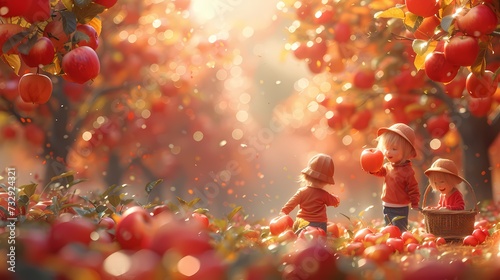 A happy family picking ripe apples at an orchard, filling baskets with the juicy fruit while surrounded by rows of blossoming trees. The crisp autumn air adds to the enjoyment of their outing