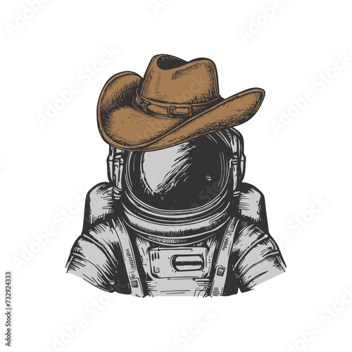 Hand-drawn astronaut vector illustration. Half body astronaut wearing cowboy hat