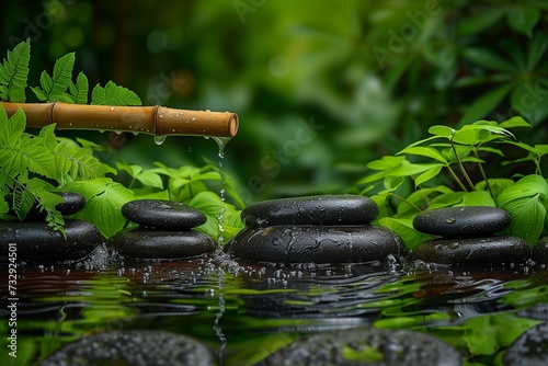 Bamboo Water Feature in a Lush Zen Garden