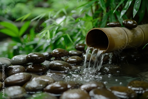 Bamboo Water Feature in a Lush Zen Garden