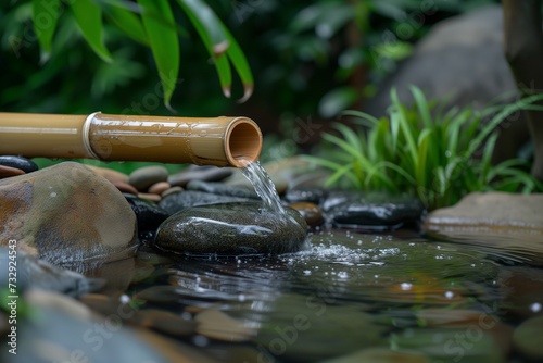 Bamboo Water Feature in a Lush Zen Garden