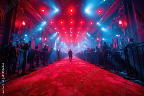Celebrity walks the red carpet under the spotlight at night