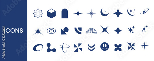 Retro futuristic sparkle icons collection. Set of star shapes. Vector set of Y2K stars, starburst icon of set. Set of icon retro Futuristic. Vector Sparkles and Stars. Flash Design Elements