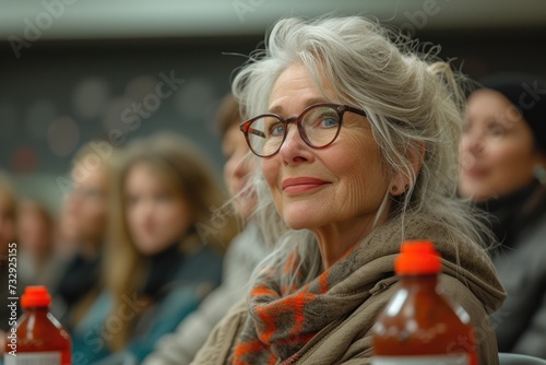 Gray-Haired Lady Attending a Speech