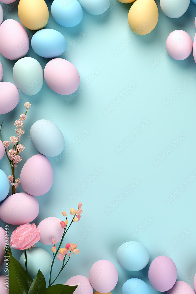 Pastel Blue Flat Lay with Colorful Easter Eggs. Copy Space
