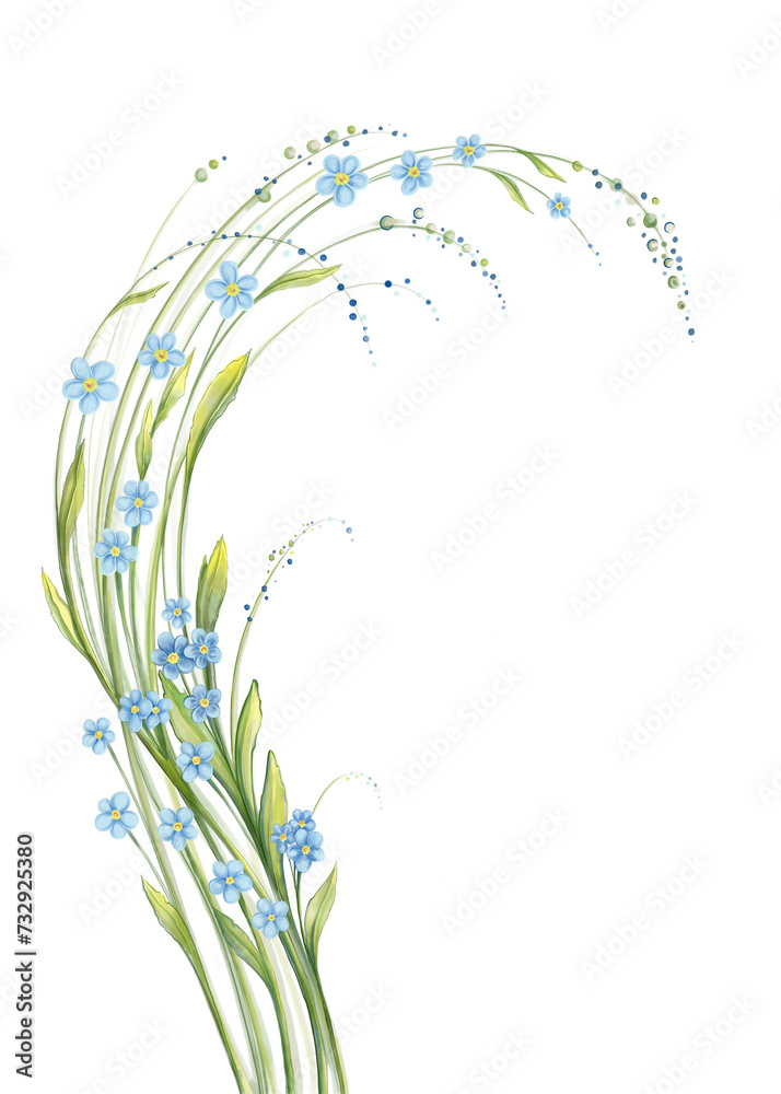 Bouquet of blue Forget-Me-Not flowers with green leaves. Isolated floral design elements. Cute flower and green stems on white background. Digital painting Vintage design flowers. Bouquet of blue Forget-Me-Not flowers with green leaves. Isolated floral design elements. Cute flower and green stems on white background. Digital painting Vintage design flowers.