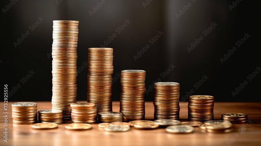 Stacks of coins on wooden table and dark background, business invesment concept. Stacks of coins on wooden table and dark background, business invesment concept.