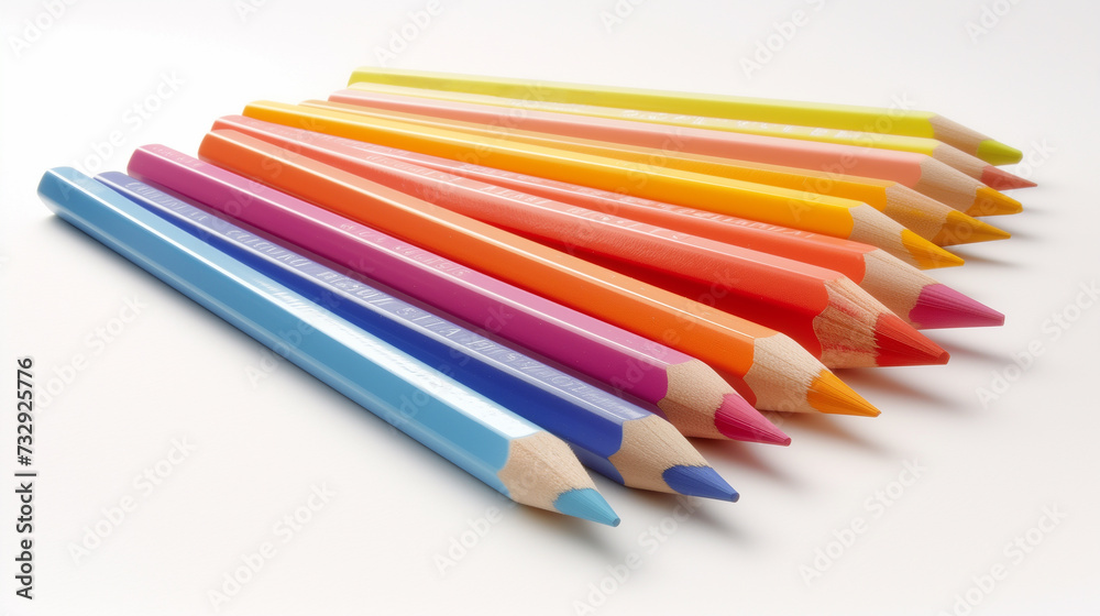 Crayons array of sharp colored pencils creating a gradient from blue to yellow on a white background. Crayons array of sharp colored pencils creating a gradient from blue to yellow on a white background.
