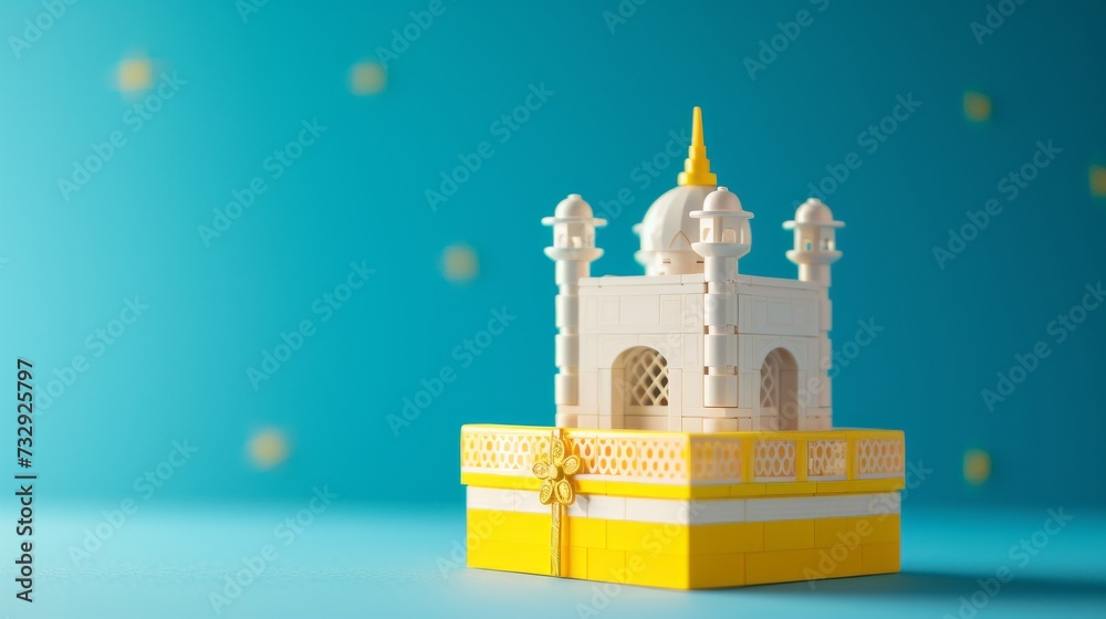miniature model of a majestic palace, intricately designed with white and gold elements, is highlighted against a vibrant turquoise background