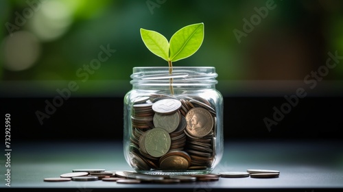 Saving money concept, coins in glass jar with green plant growing on it. photo