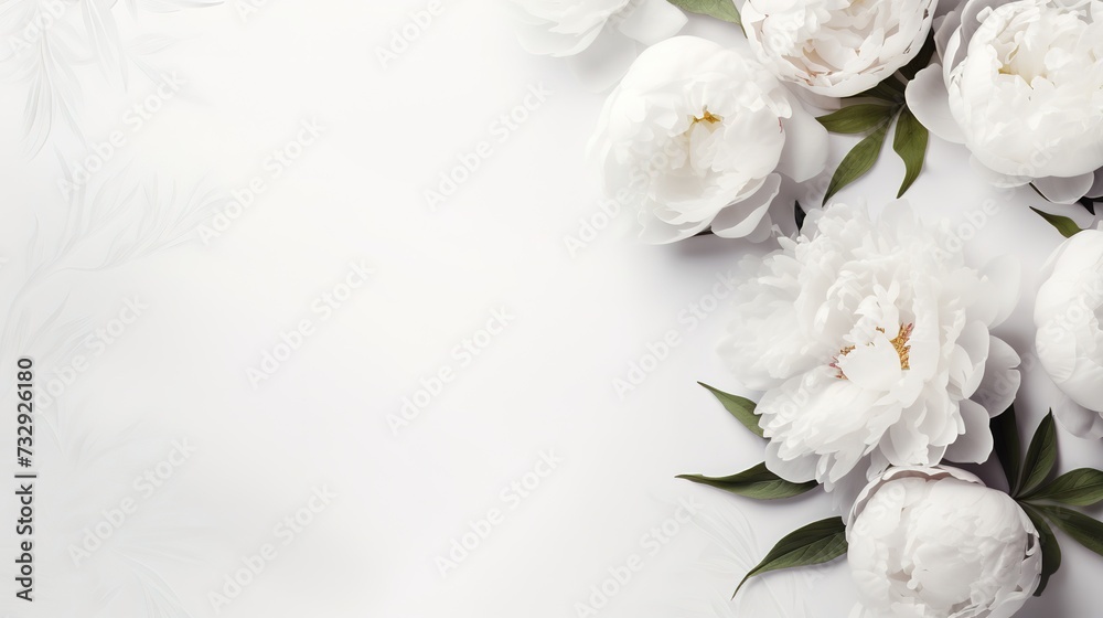 Beautiful white peonies on white background with copy space, generative ai, Beautiful white peonies on white background with copy space, generative ai,