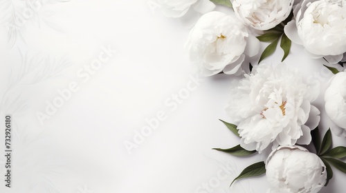 Beautiful white peonies on white background with copy space, generative ai, 