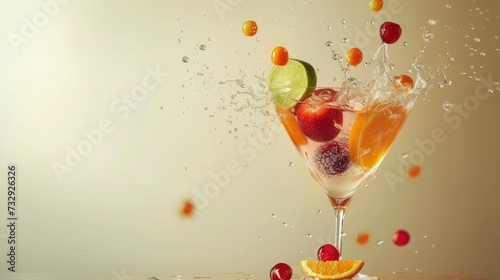 fresh fruits falling into cocktail glass  splashing - generative ai