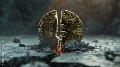 Split bitcoin coin on a dusty surface, symbolizing the Bitcoin Halving Concept. photo