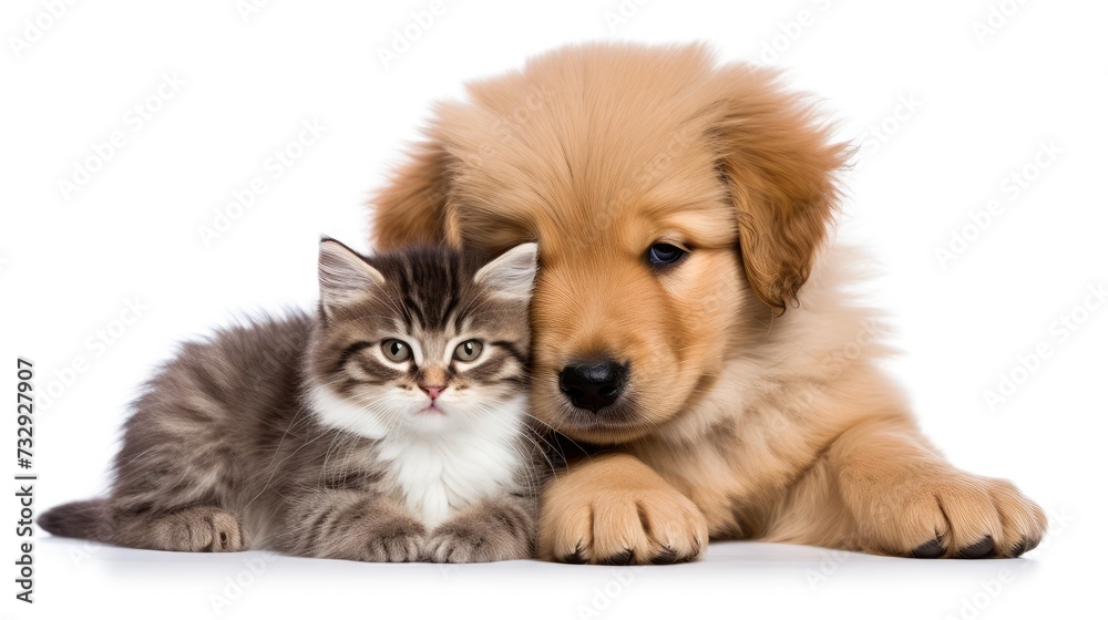 Cute kitty and puppy cuddling together isolated on white background, Generative Ai