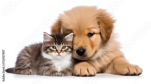 Cute kitty and puppy cuddling together isolated on white background, Generative Ai © Nisa