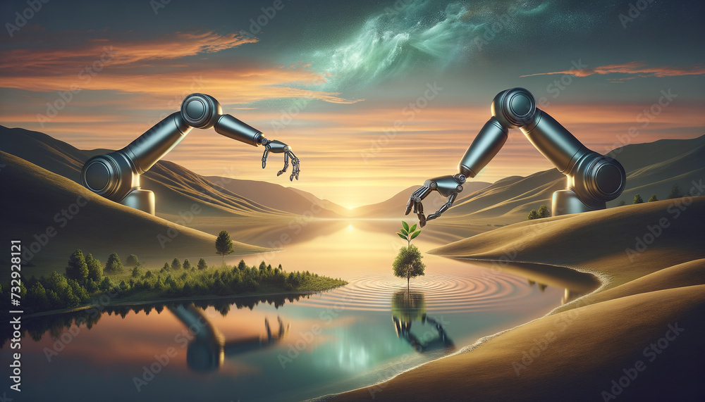 Robotic Arms Embracing Natures Serenity: A Harmonious Blend