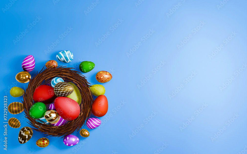 Easter eggs in a circular nest made of grass or straw on a bright blue background. Summer holiday season. Find eggs. Coloring. 3D Rendering.