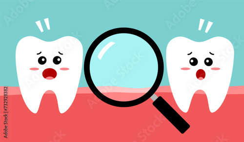 Missing tooth concept cute cartoon character. Looking for a tooth with a magnifying glass . photo