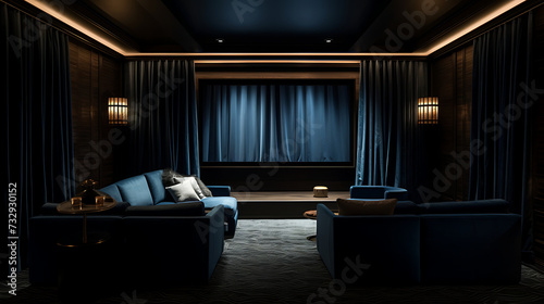 A home theater with blackout curtains and soundproof doors.