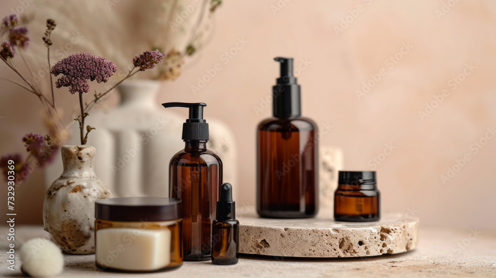 neutral-toned skincare bottles on a circular stone platform with delicate dried flowers in a vase, casting soft shadows in a bright, airy setting. neutral-toned skincare bottles on a circular stone platform with delicate dried flowers in a vase, casting soft shadows in a bright, airy setting.