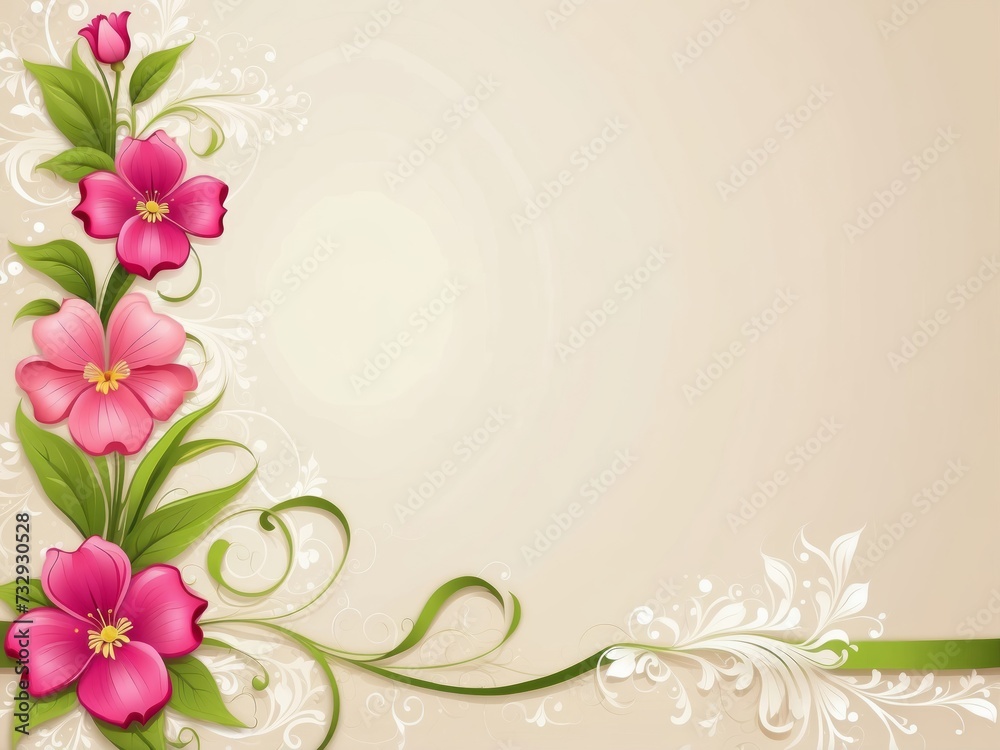 Pink Floral Border for invitation or card with soft golden background